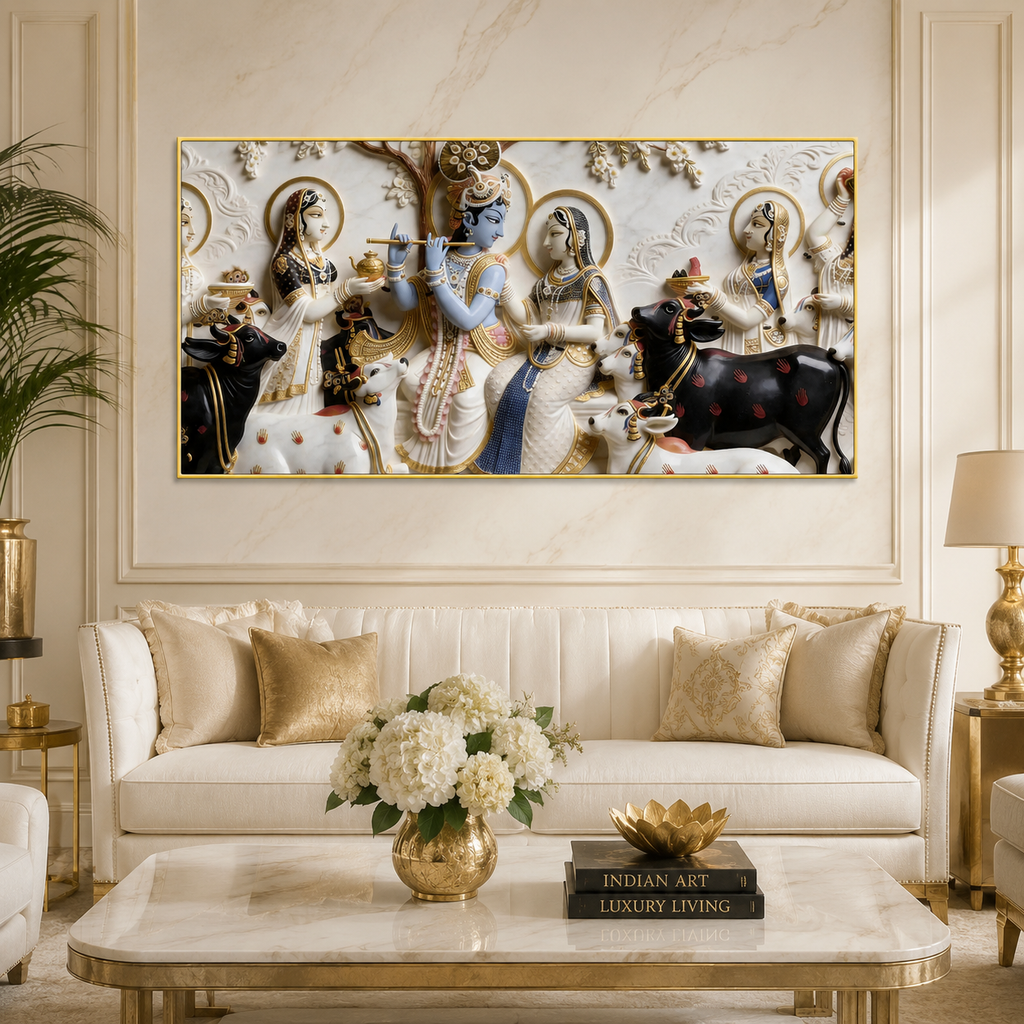 Modern Luxury 3D Divine Krishna Family Wall Decor - Sculpted Relief Canvas for Living Room
