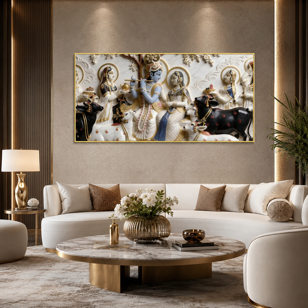Modern Luxury 3D Divine Krishna Family Wall Decor - Sculpted Relief Canvas for Living Room