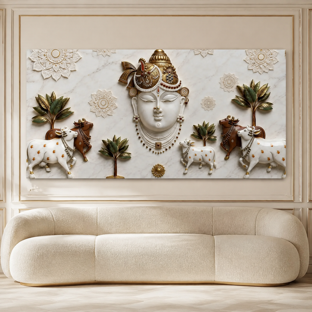 Elegant 3D Nathdwara Shrinathji with Cows White Gold Canvas Painting