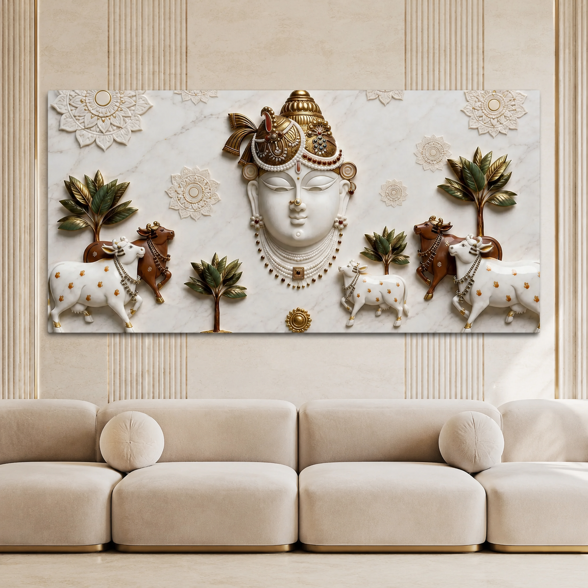 Elegant 3D Nathdwara Shrinathji with Cows White Gold Canvas Painting