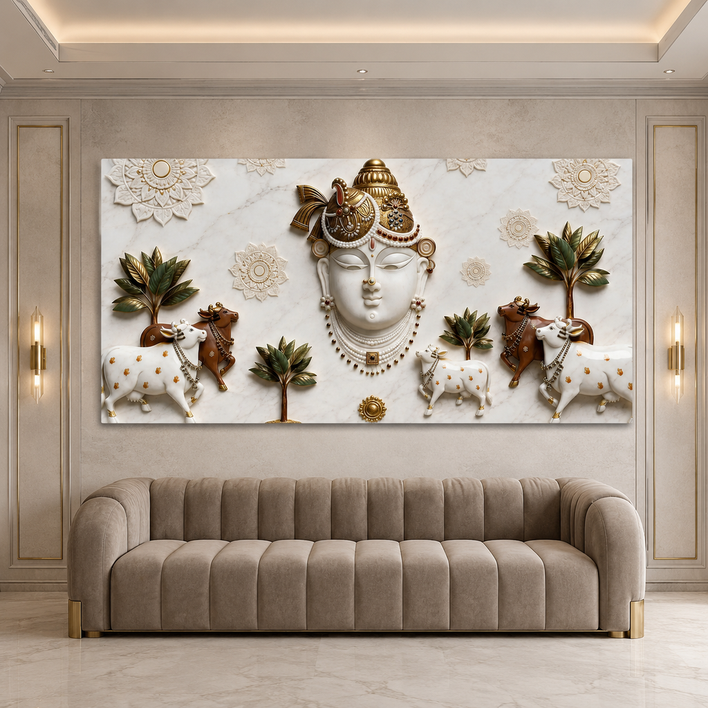 Elegant 3D Nathdwara Shrinathji with Cows White Gold Canvas Painting