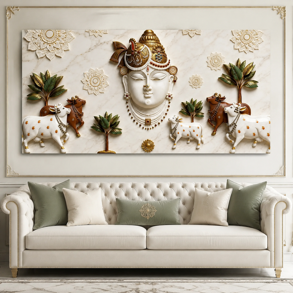 Elegant 3D Nathdwara Shrinathji with Cows White Gold Canvas Painting