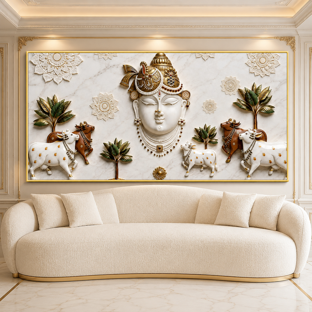 Elegant 3D Nathdwara Shrinathji with Cows White Gold Canvas Painting