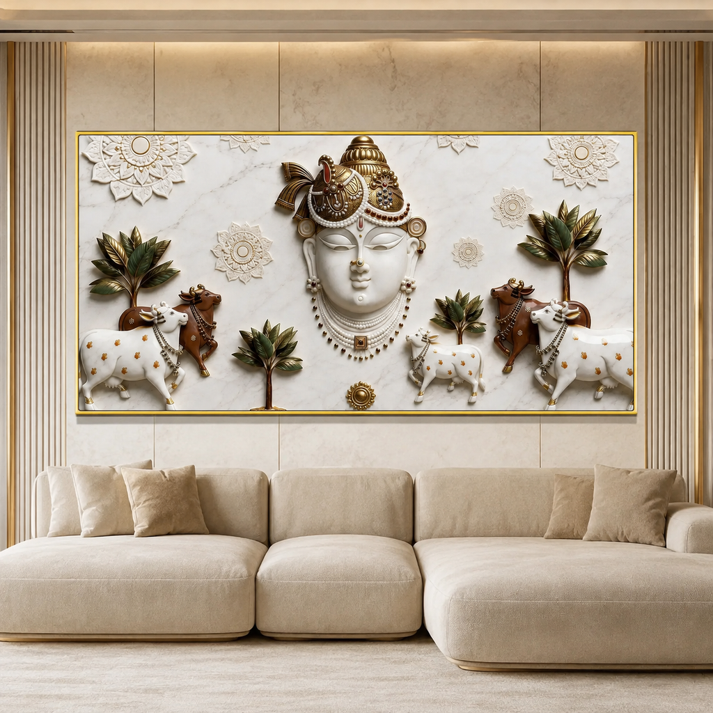 Elegant 3D Nathdwara Shrinathji with Cows White Gold Canvas Painting