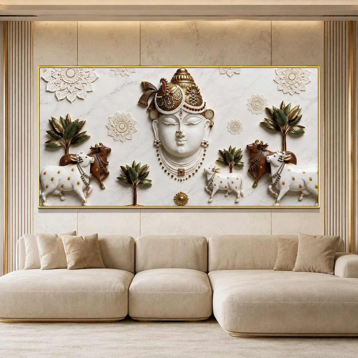 Elegant 3D Nathdwara Shrinathji with Cows White Gold Canvas Painting