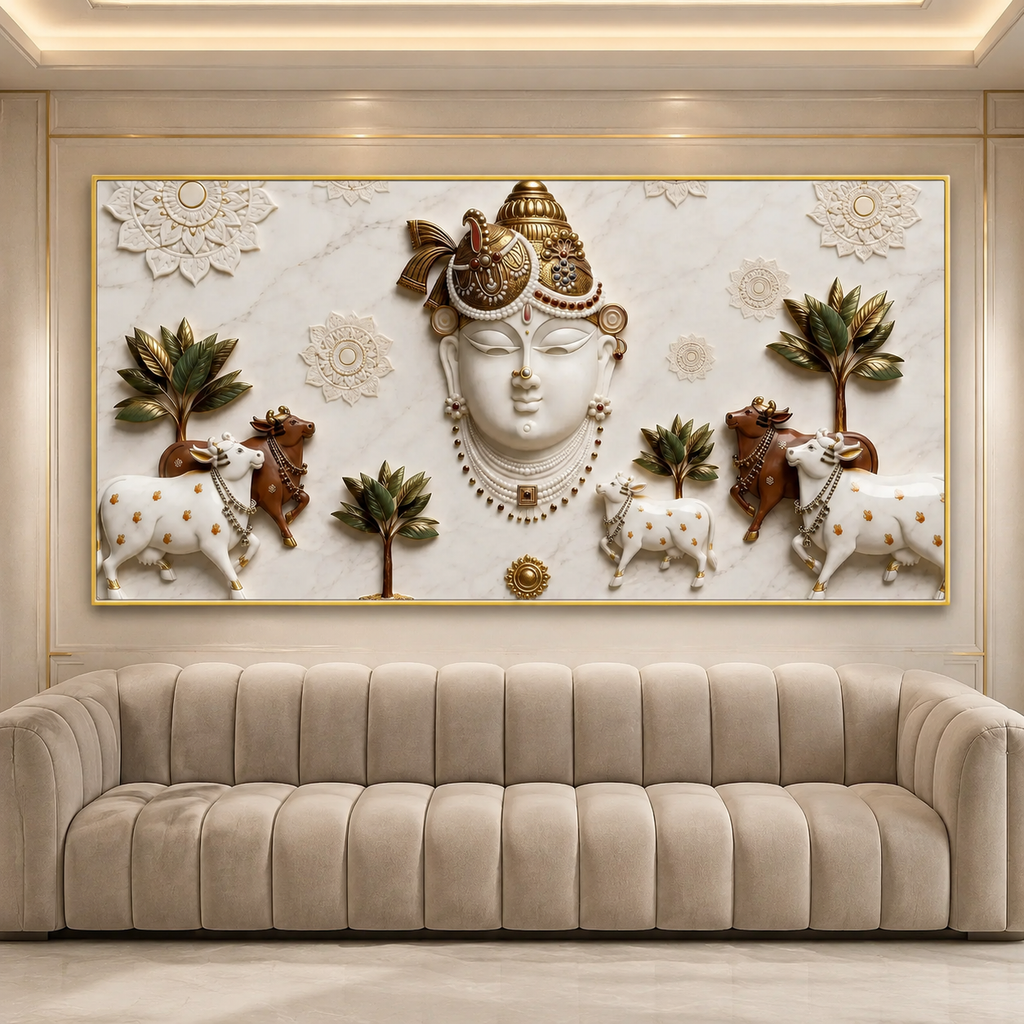 Elegant 3D Nathdwara Shrinathji with Cows White Gold Canvas Painting