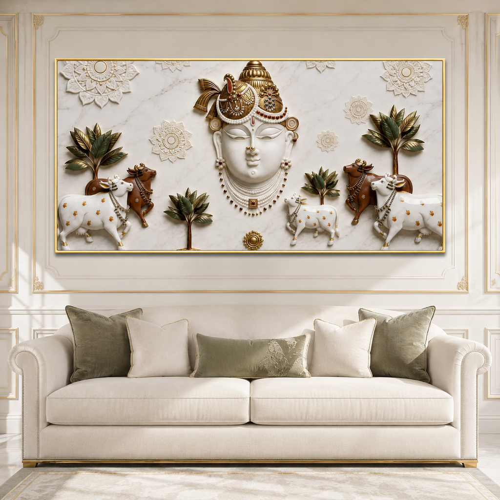 Elegant 3D Nathdwara Shrinathji with Cows White Gold Canvas Painting