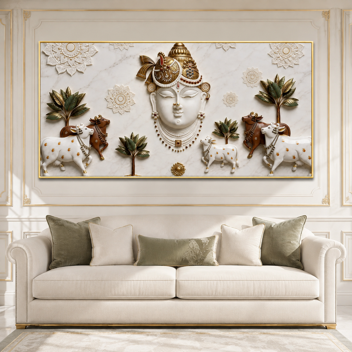 Elegant 3D Nathdwara Shrinathji with Cows White Gold Canvas Painting