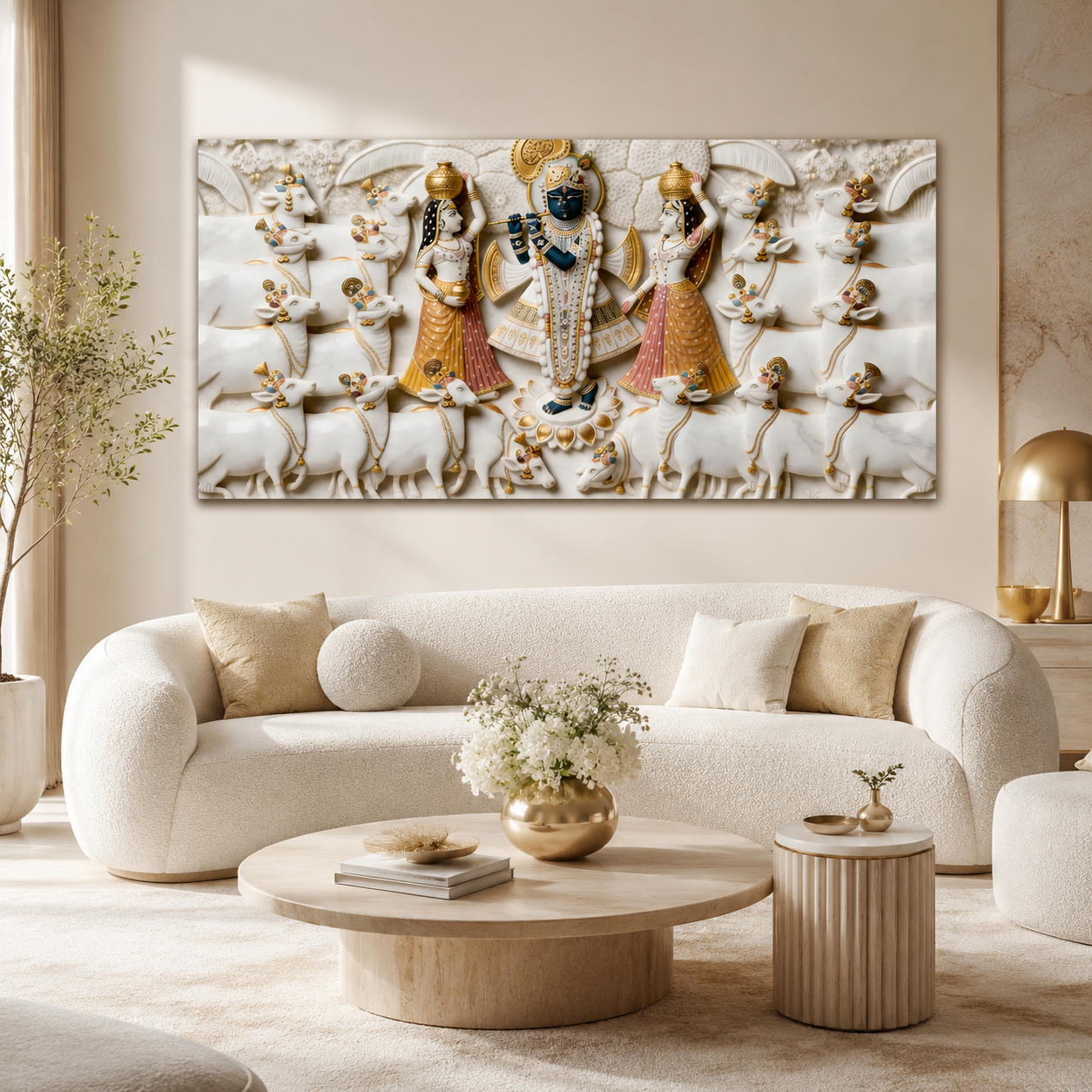 Divine 3D Krishna Radha Gopala White Gold Textured pichwai Canvas Wall Art