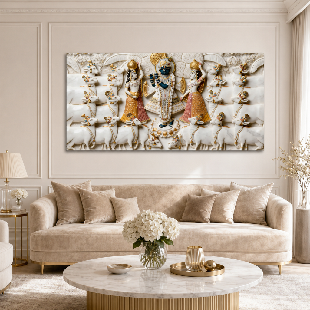 Divine 3D Krishna Radha Gopala White Gold Textured pichwai Canvas Wall Art
