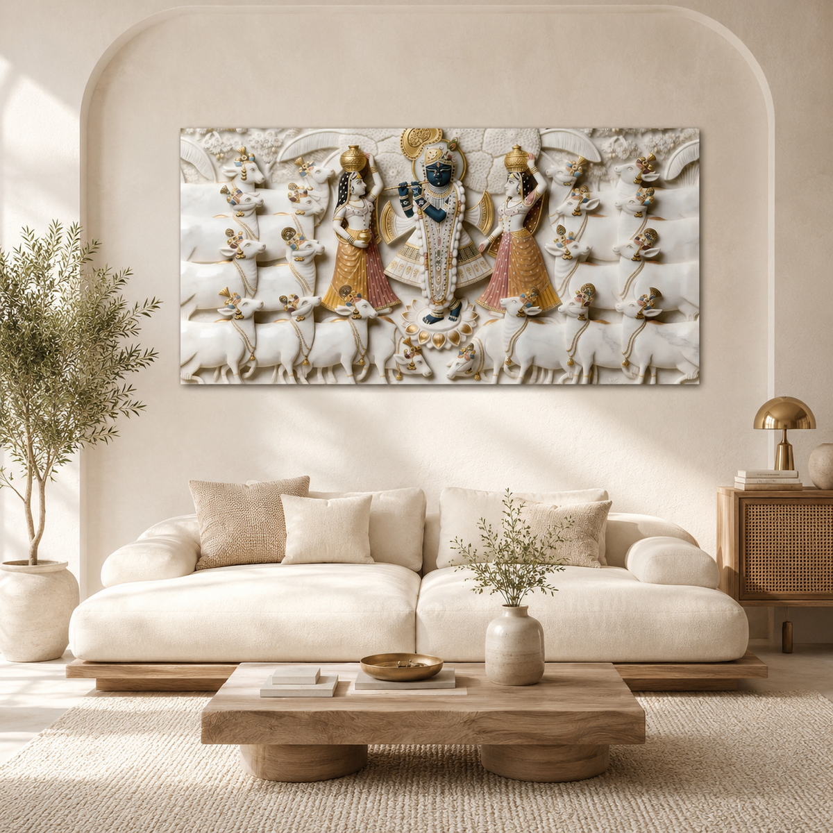Divine 3D Krishna Radha Gopala White Gold Textured pichwai Canvas Wall Art