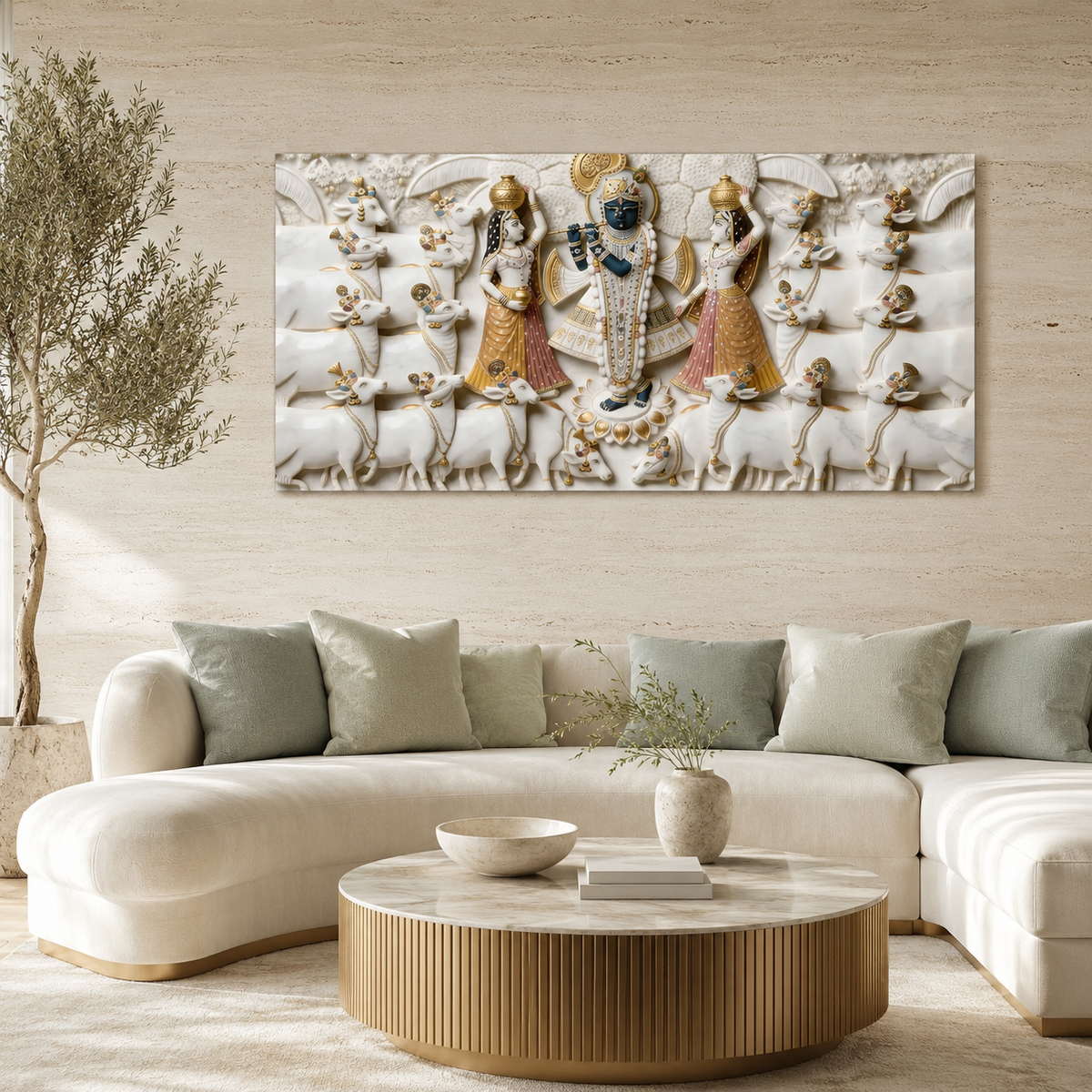 Divine 3D Krishna Radha Gopala White Gold Textured pichwai Canvas Wall Art