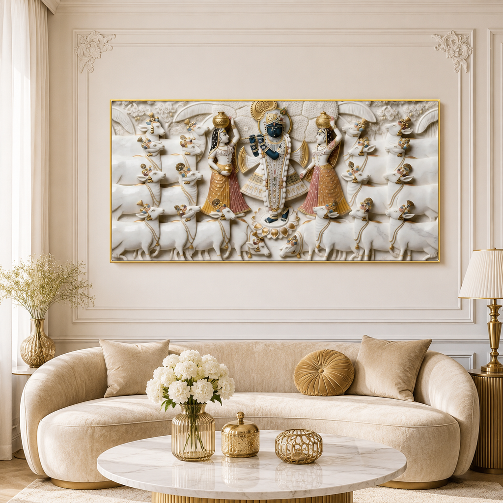 Divine 3D Krishna Radha Gopala White Gold Textured pichwai Canvas Wall Art