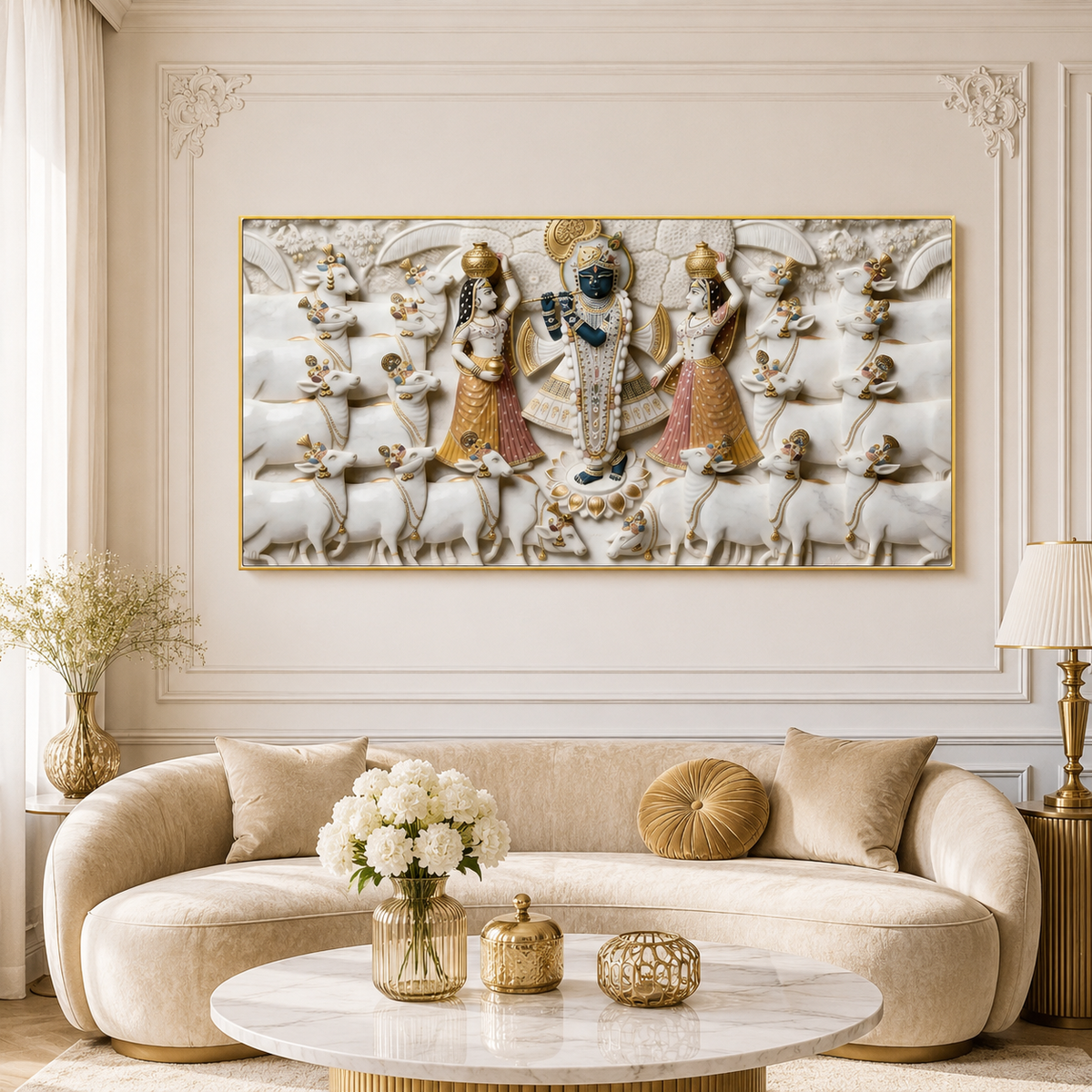 Divine 3D Krishna Radha Gopala White Gold Textured pichwai Canvas Wall Art