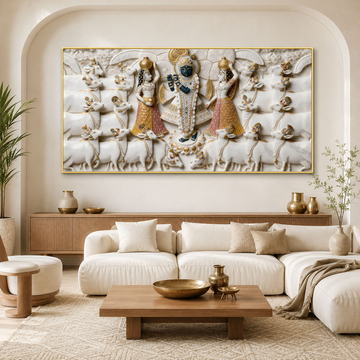 Divine 3D Krishna Radha Gopala White Gold Textured pichwai Canvas Wall Art