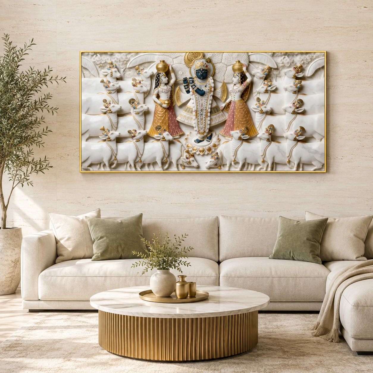 Divine 3D Krishna Radha Gopala White Gold Textured pichwai Canvas Wall Art