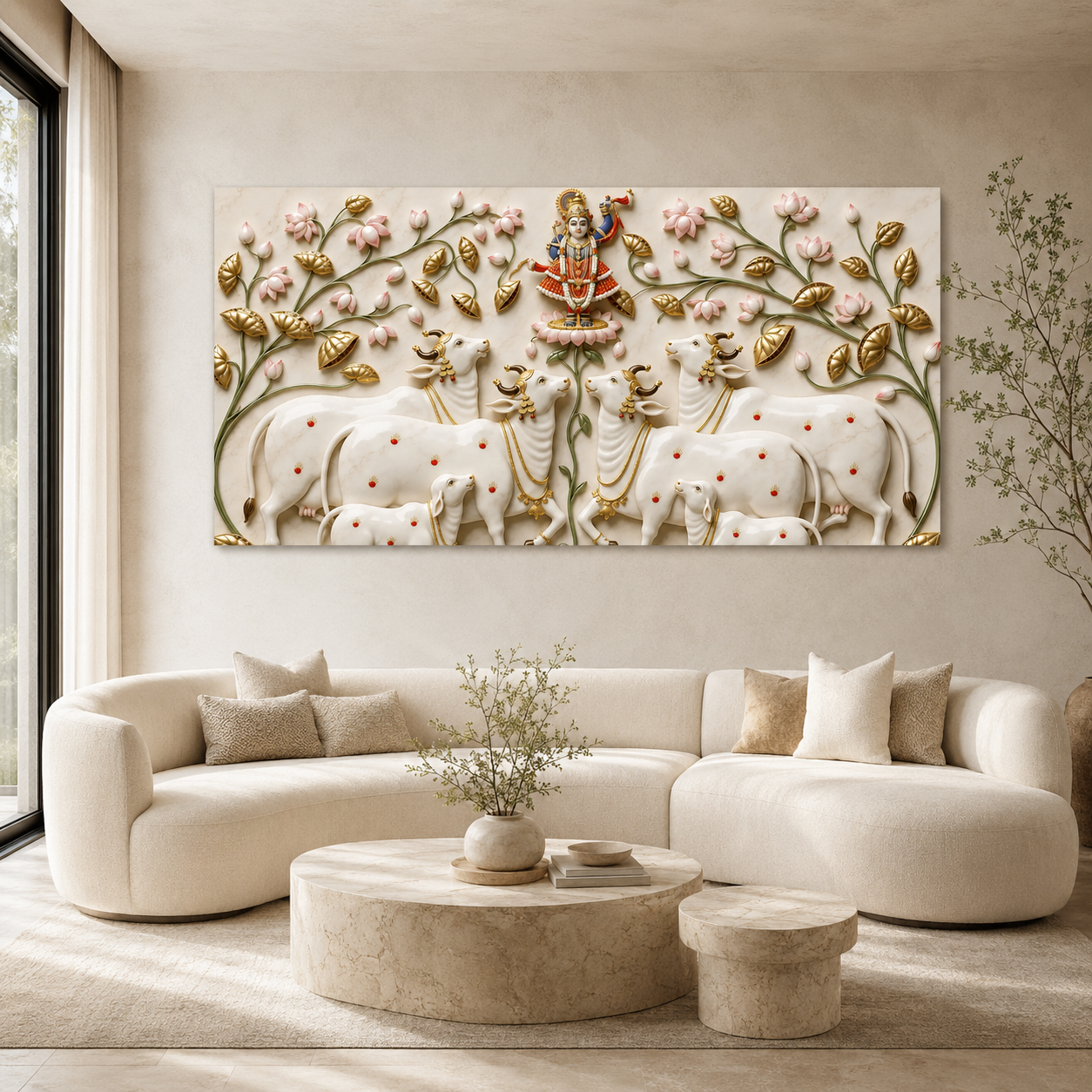Traditional Pichwai Cow Herd Floral 3D Embossed Canvas Wall Painting
