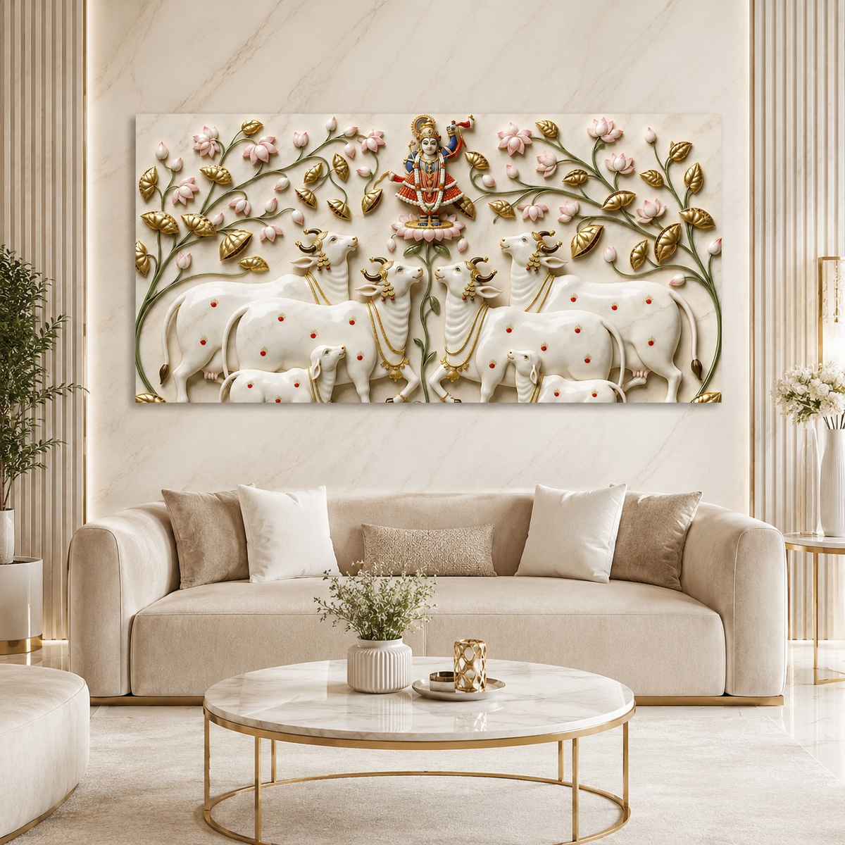 Traditional Pichwai Cow Herd Floral 3D Embossed Canvas Wall Painting