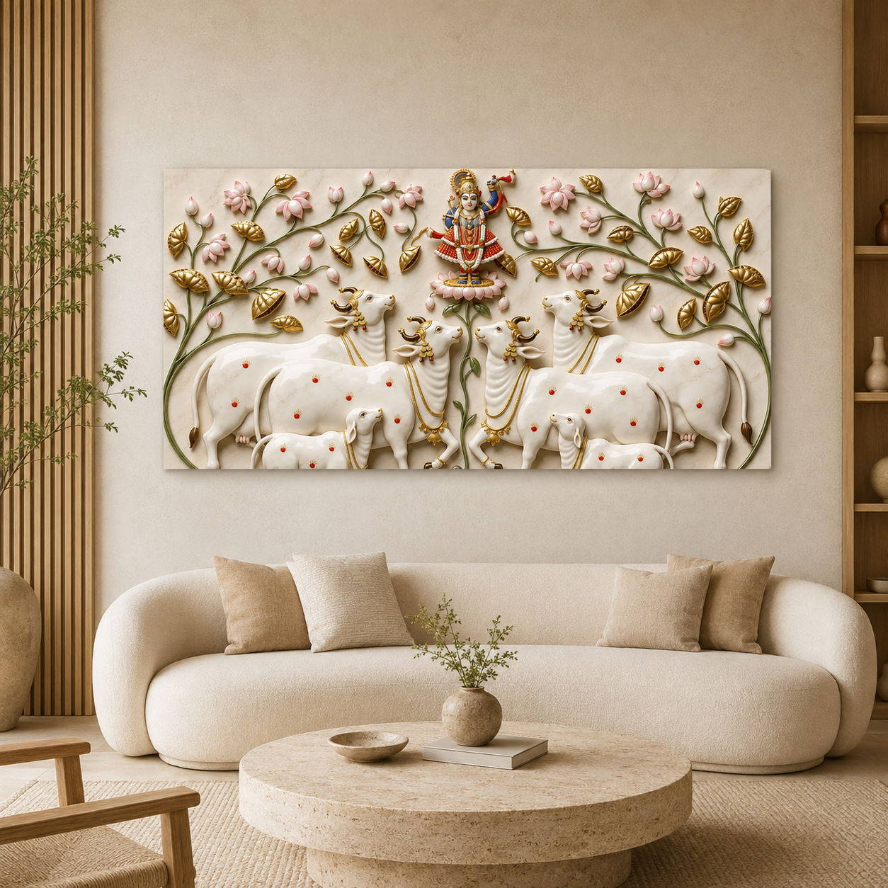 Traditional Pichwai Cow Herd Floral 3D Embossed Canvas Wall Painting