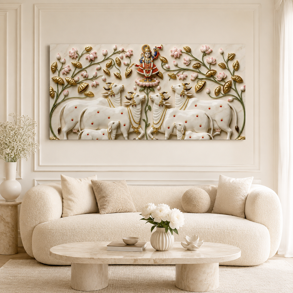 Traditional Pichwai Cow Herd Floral 3D Embossed Canvas Wall Painting
