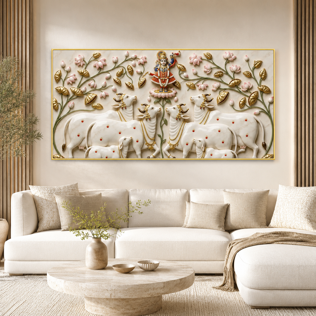 Traditional Pichwai Cow Herd Floral 3D Embossed Canvas Wall Painting