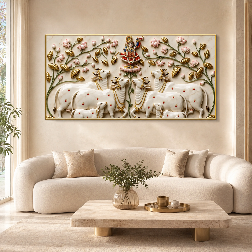 Traditional Pichwai Cow Herd Floral 3D Embossed Canvas Wall Painting