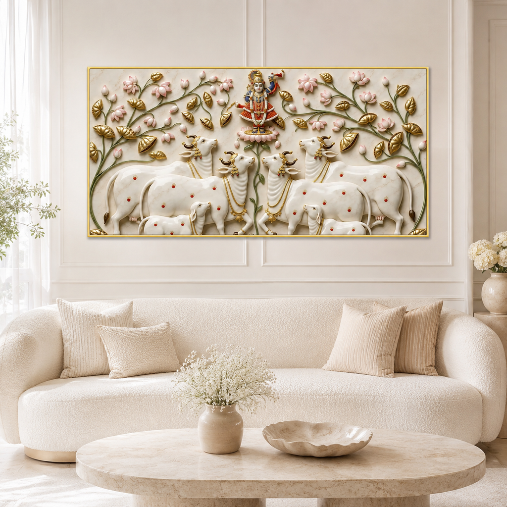 Traditional Pichwai Cow Herd Floral 3D Embossed Canvas Wall Painting