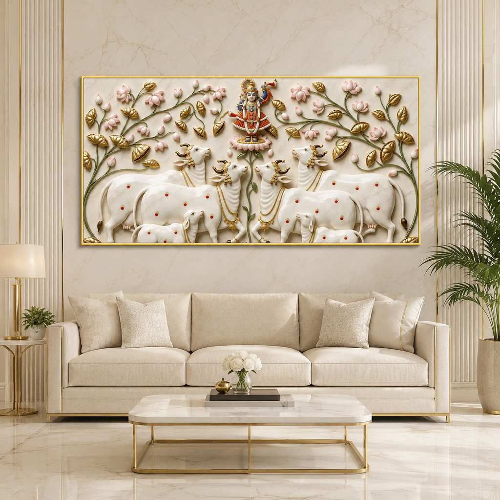 Traditional Pichwai Cow Herd Floral 3D Embossed Canvas Wall Painting