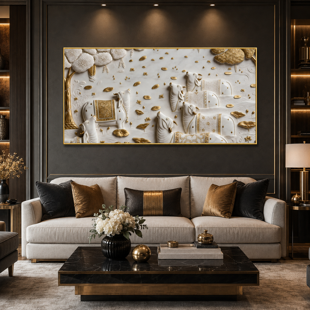Luxurious 3D Sculpted Indian Sacred Cows Wall Decor - Pichwai Style Canvas Art with Gold Accents