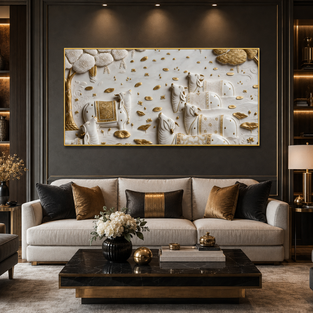 Luxurious 3D Sculpted Indian Sacred Cows Wall Decor - Pichwai Style Canvas Art with Gold Accents