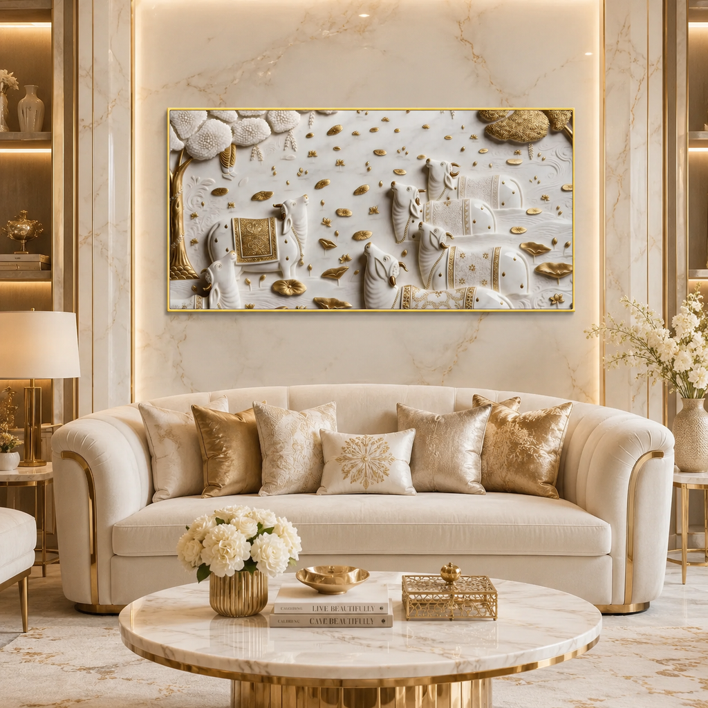Luxurious 3D Sculpted Indian Sacred Cows Wall Decor - Pichwai Style Canvas Art with Gold Accents