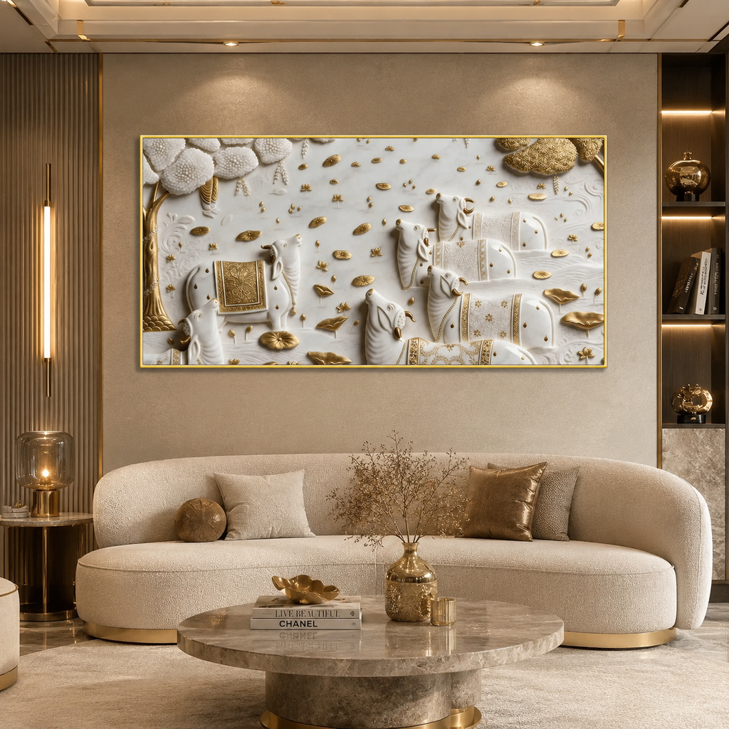 Luxurious 3D Sculpted Indian Sacred Cows Wall Decor - Pichwai Style Canvas Art with Gold Accents