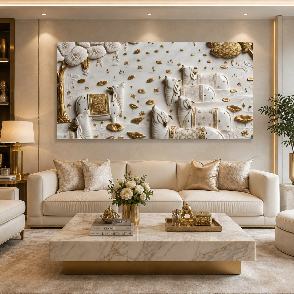 Luxurious 3D Sculpted Indian Sacred Cows Wall Decor - Pichwai Style Canvas Art with Gold Accents