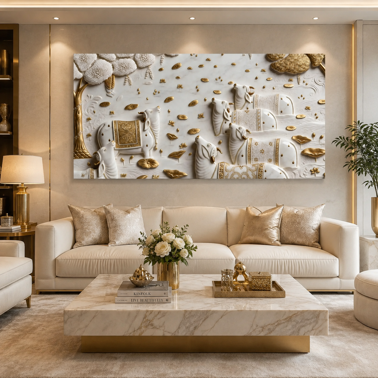Luxurious 3D Sculpted Indian Sacred Cows Wall Decor - Pichwai Style Canvas Art with Gold Accents