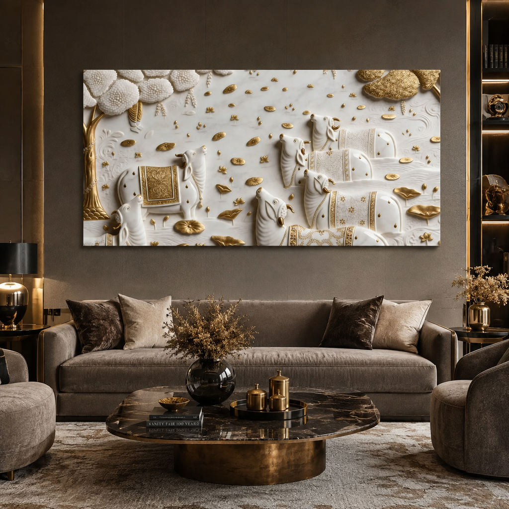 Luxurious 3D Sculpted Indian Sacred Cows Wall Decor - Pichwai Style Canvas Art with Gold Accents