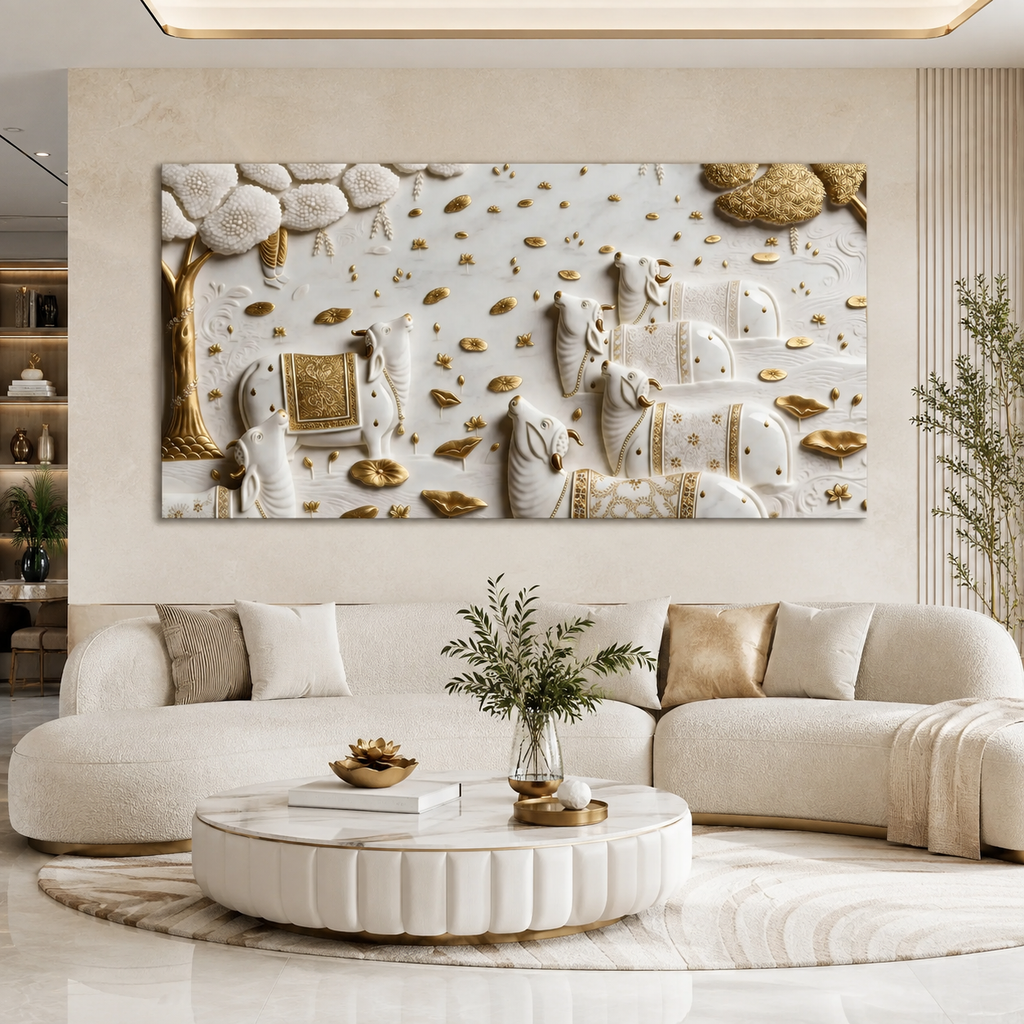 Luxurious 3D Sculpted Indian Sacred Cows Wall Decor - Pichwai Style Canvas Art with Gold Accents