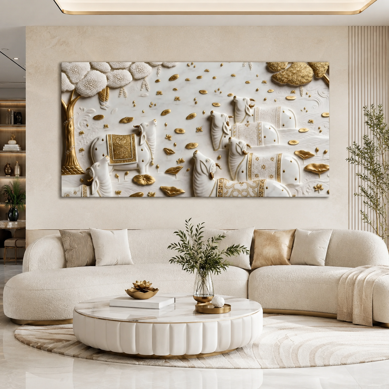 Luxurious 3D Sculpted Indian Sacred Cows Wall Decor - Pichwai Style Canvas Art with Gold Accents