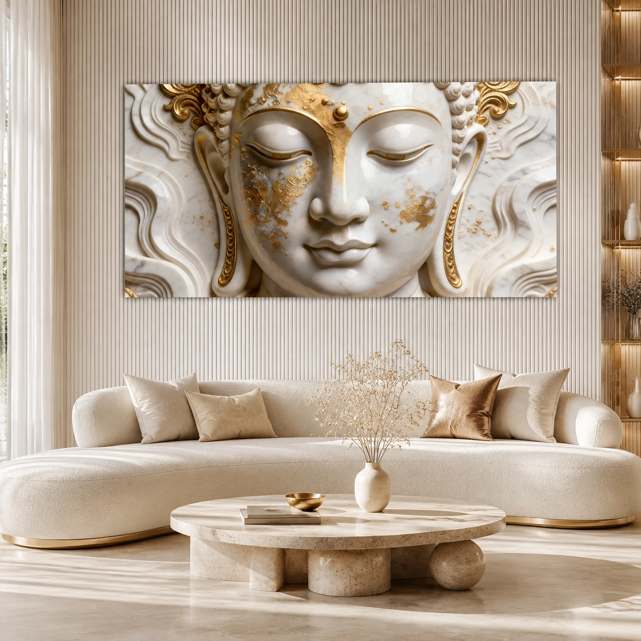 Buddha 3D Wall Painting White and Gold Spiritual Meditation Home Decor Artwork