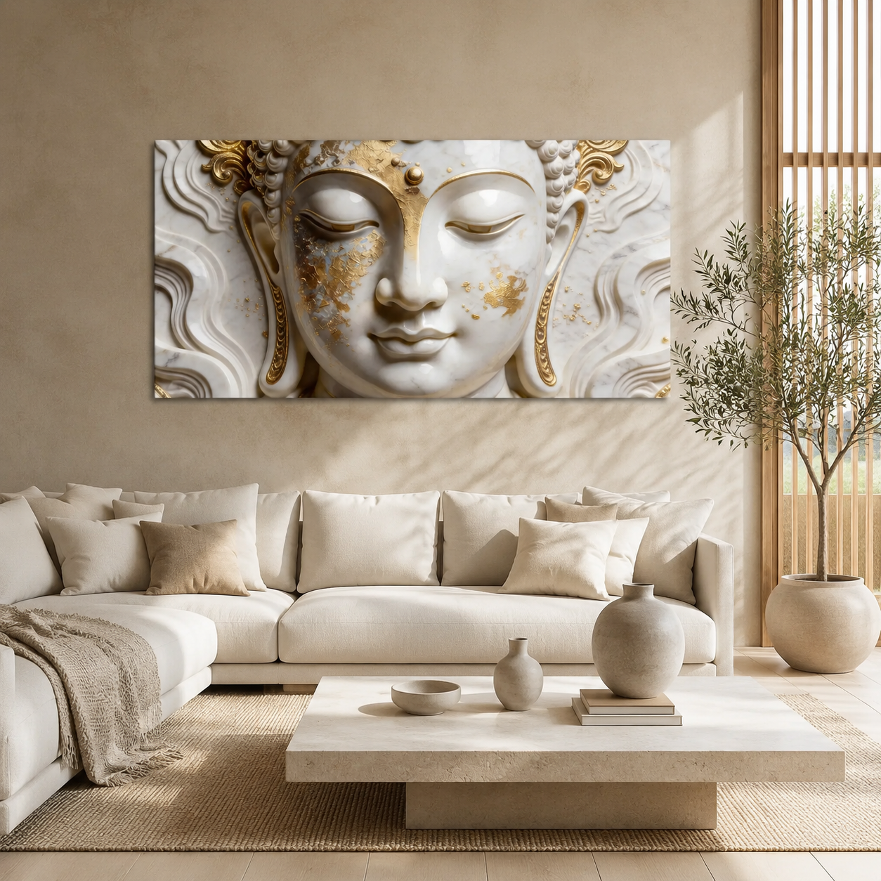 Buddha 3D Wall Painting White and Gold Spiritual Meditation Home Decor Artwork