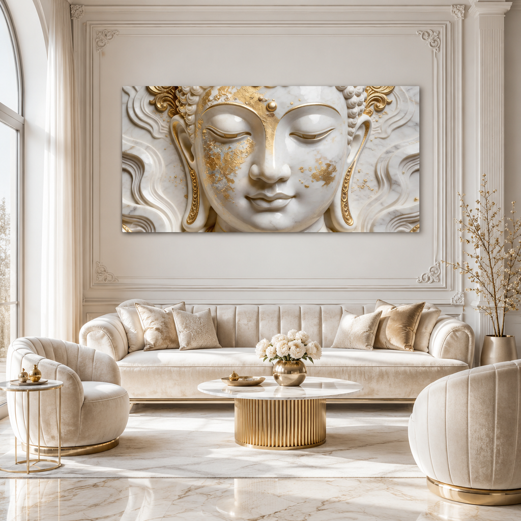 Buddha 3D Wall Painting White and Gold Spiritual Meditation Home Decor Artwork