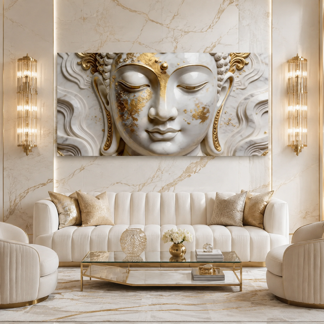 Buddha 3D Wall Painting White and Gold Spiritual Meditation Home Decor Artwork