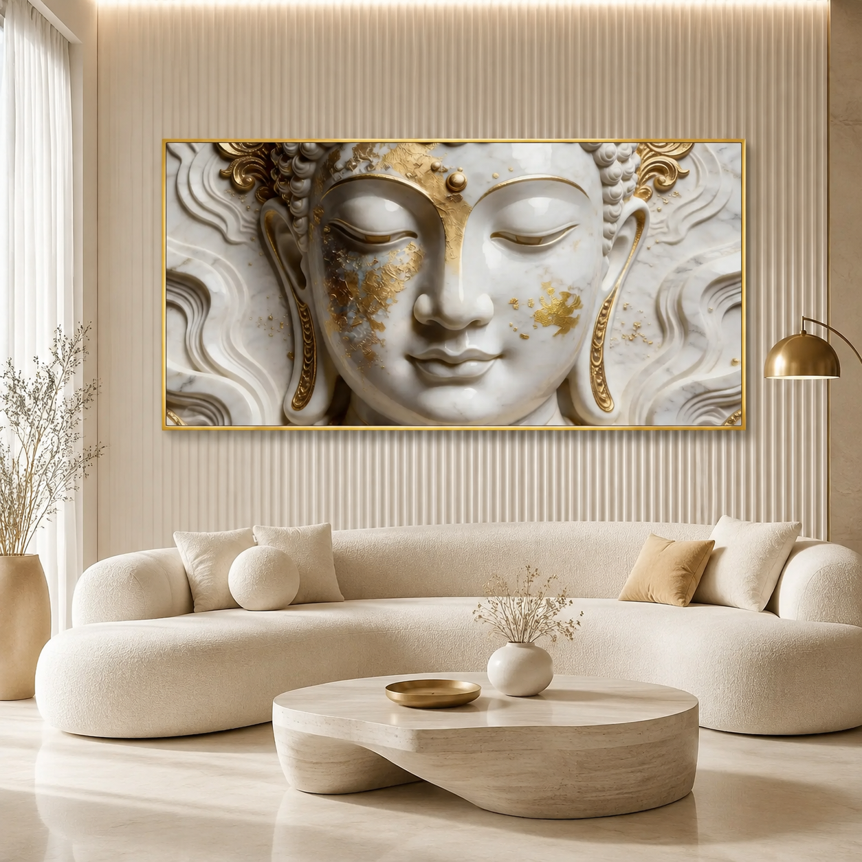 Buddha 3D Wall Painting White and Gold Spiritual Meditation Home Decor Artwork