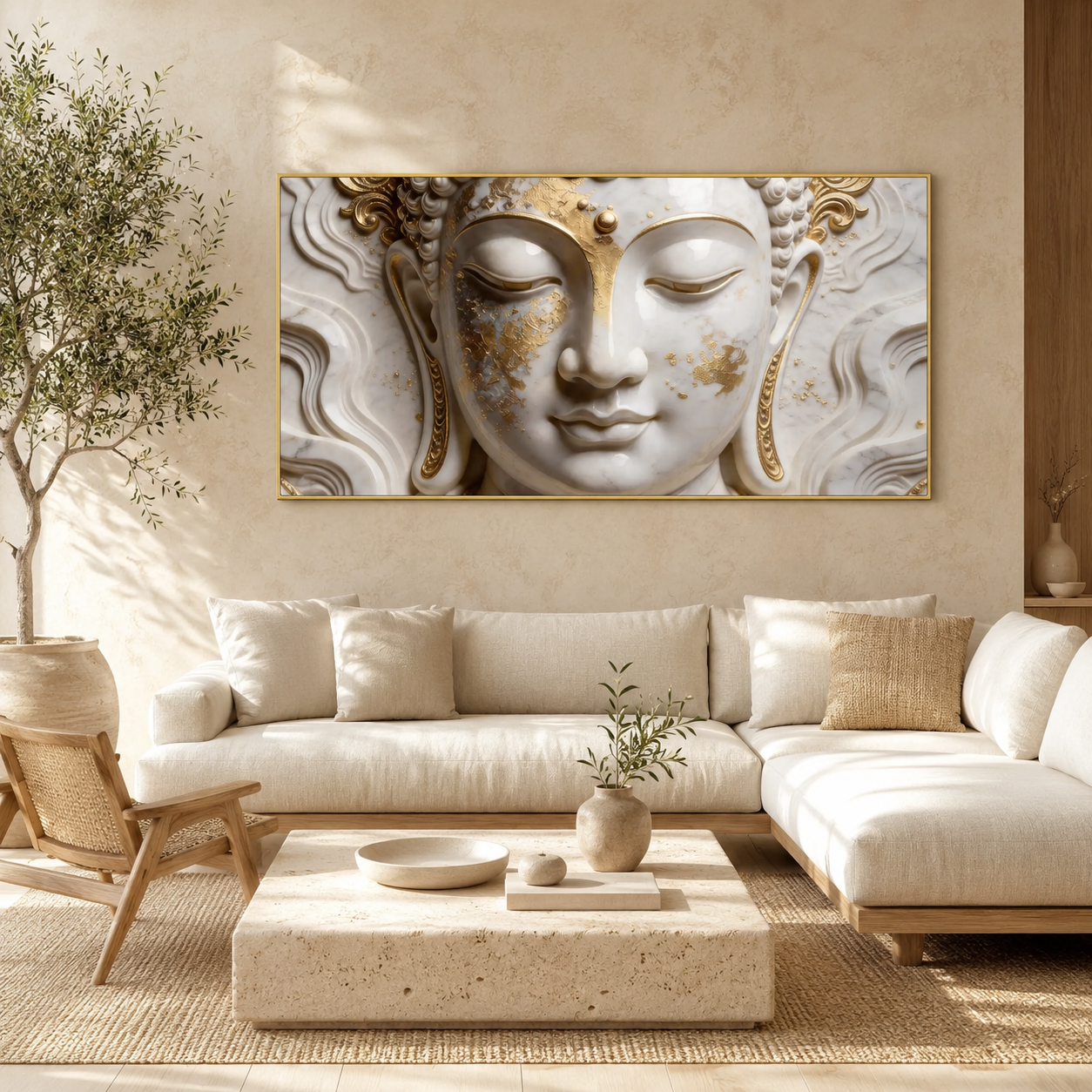 Buddha 3D Wall Painting White and Gold Spiritual Meditation Home Decor Artwork