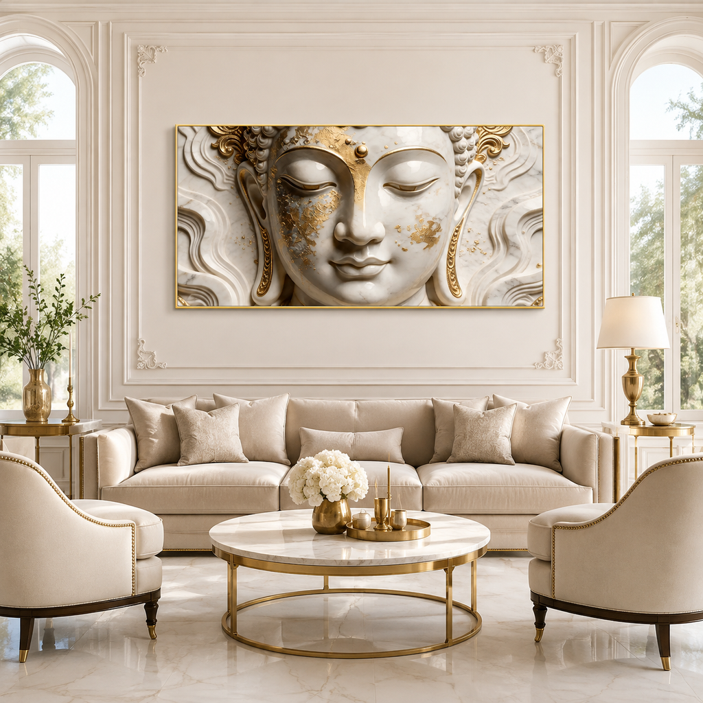 Buddha 3D Wall Painting White and Gold Spiritual Meditation Home Decor Artwork