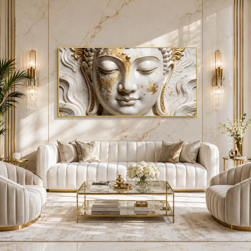 Buddha 3D Wall Painting White and Gold Spiritual Meditation Home Decor Artwork