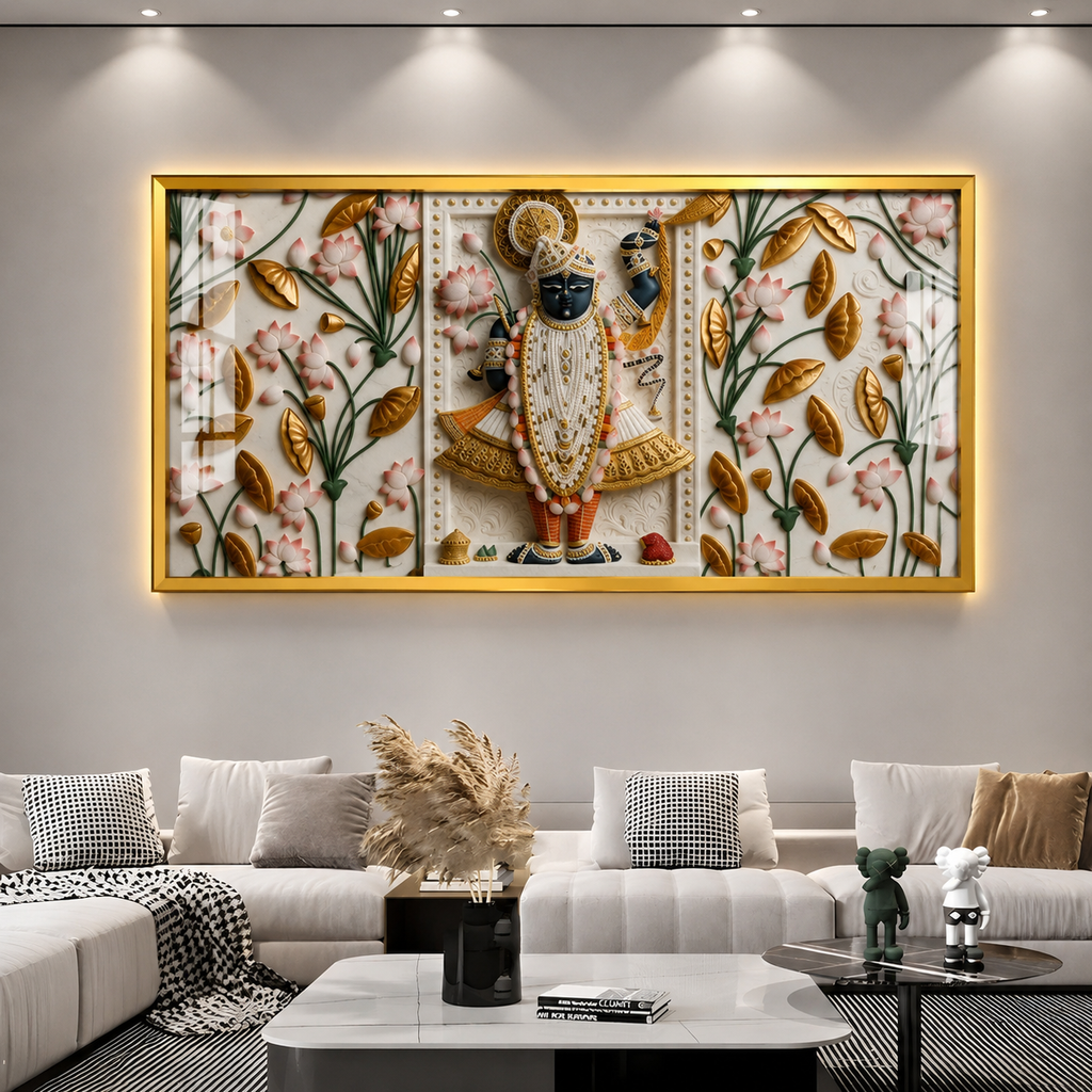 Modern Abstract 3D Gold Foil Shrinathji Idol Canvas Painting Framed Wall Art