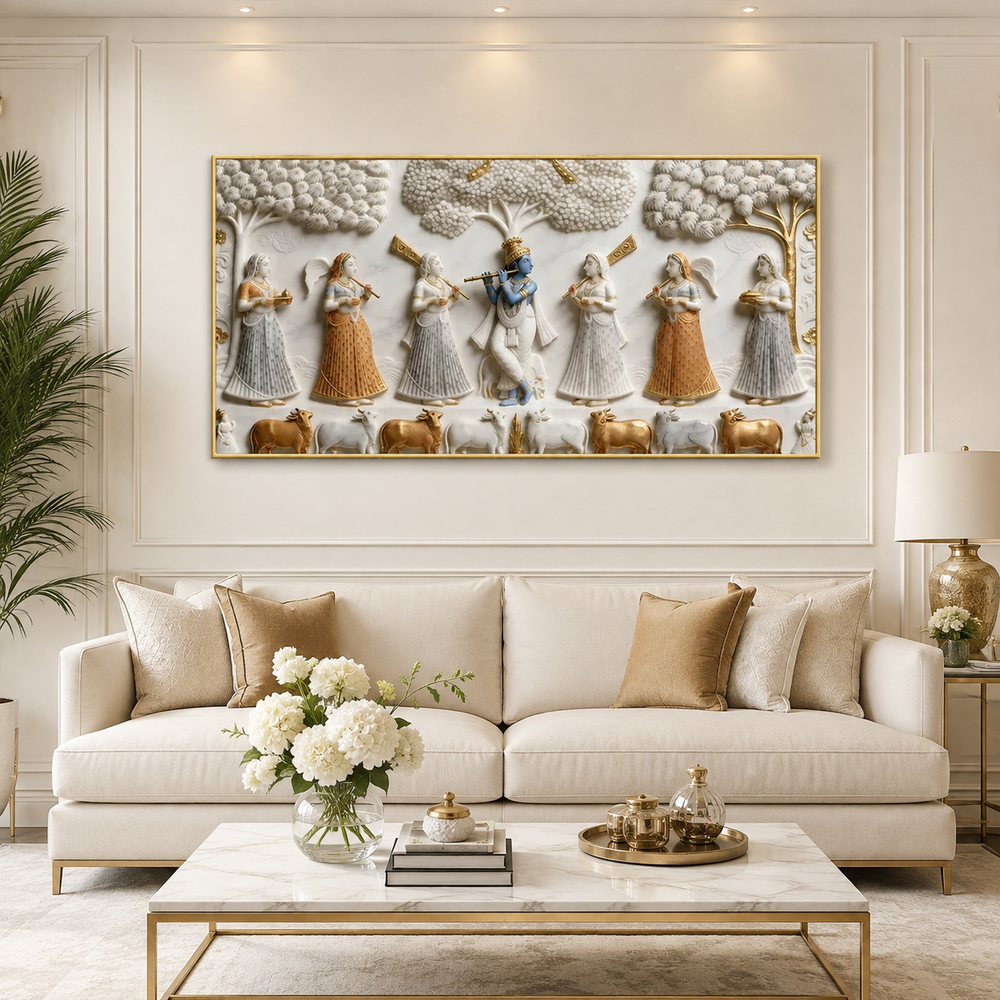 Traditional 3D Embossed Radha Krishna Playing Holi Painting High End Marble Effect Canvas painting