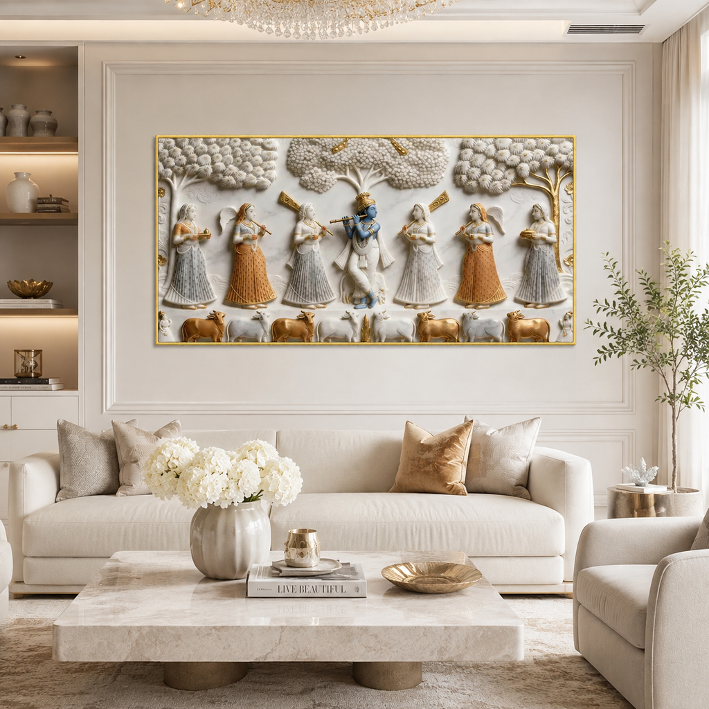 Traditional 3D Embossed Radha Krishna Playing Holi Painting High End Marble Effect Canvas painting