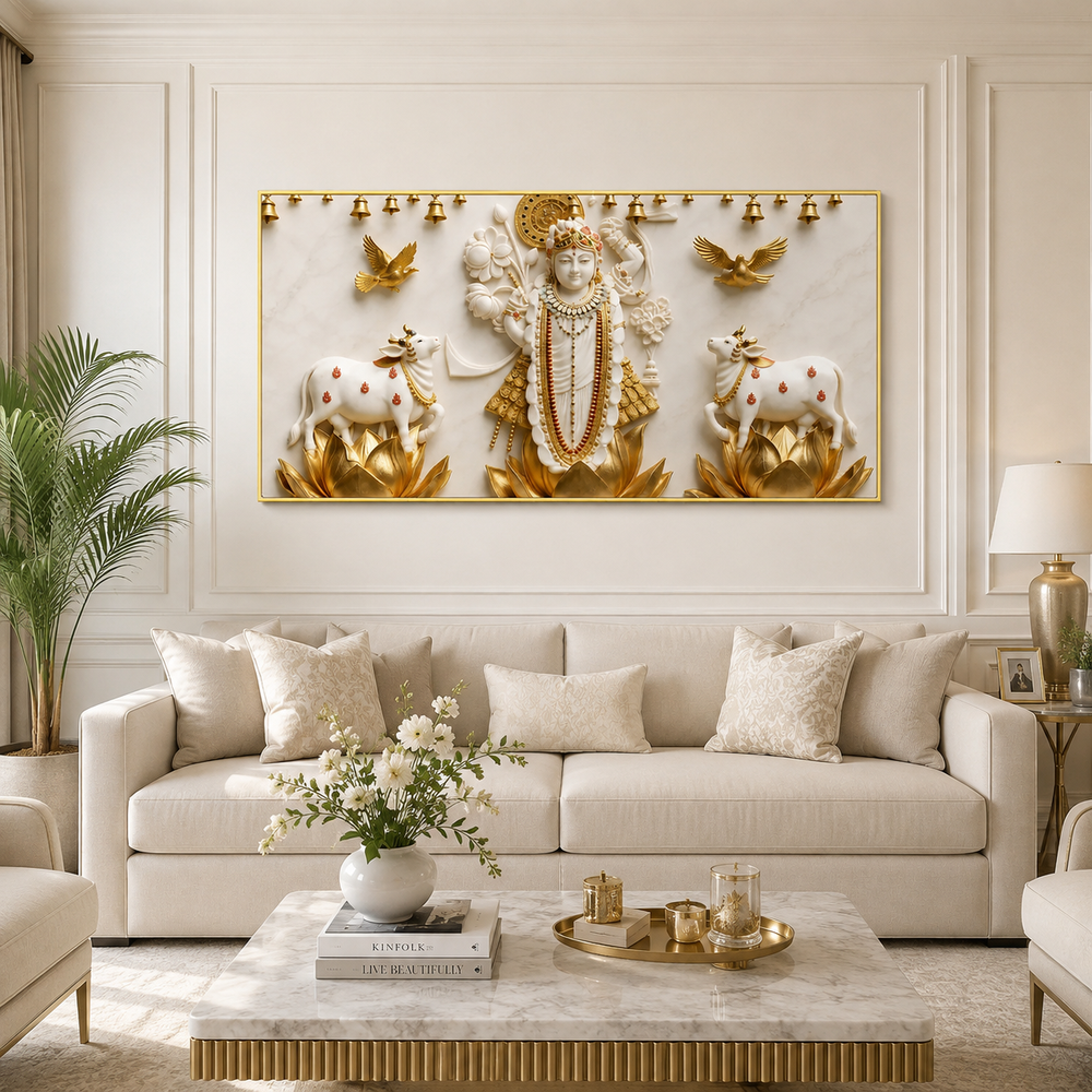 Auspicious 3D Shrinathji Krishna with Temple Bells Canvas Painting High End Cultural Vastu Wall Art