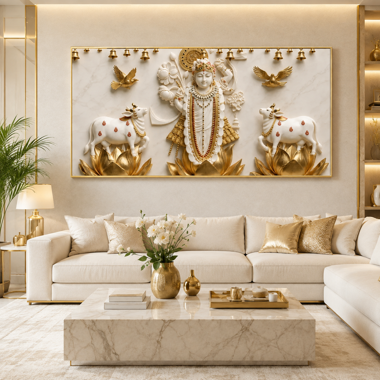 Auspicious 3D Shrinathji Krishna with Temple Bells Canvas Painting High End Cultural Vastu Wall Art